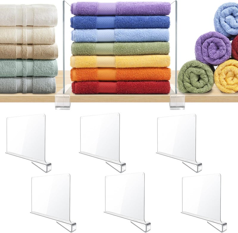 BAUMFEUER 6 Pack Clear Acrylic Shelf Dividers for Closet Shelf Organizer of Bedroom Kitchen Office Bathroom Organizer for Clothes Books Hats and Handbags - Image 1
